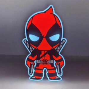 Lampe LED 3D Deadpool avec éclairage lumineux, décoration originale pour chambre ou bureau, création lumineuse en impression 3D.