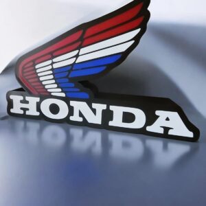 Logo Honda en 3D avec aile stylisée lumineuse, création personnalisée en impression 3D, idéale pour décoration intérieure ou à offrir, alliant design moderne et technologie LED.