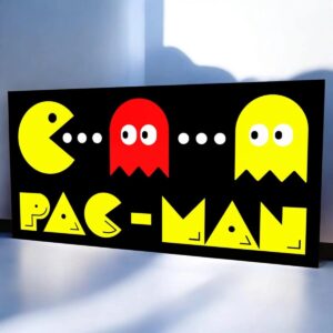 Pac-Man et fantômes lumineux en acrylique LED, décor rétro gaming, création 3D personnalisée, éclairage coloré pour chambre ou salle de jeux, concept innovant et design tendance.