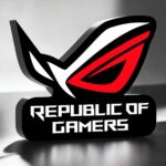 Réplique en 3D de logo lumineux "Republique of Gamers" avec design laser rouge, noir et blanc, création unique accentuant l’univers gaming, idéale pour décoration ou éclairage personnalisé.