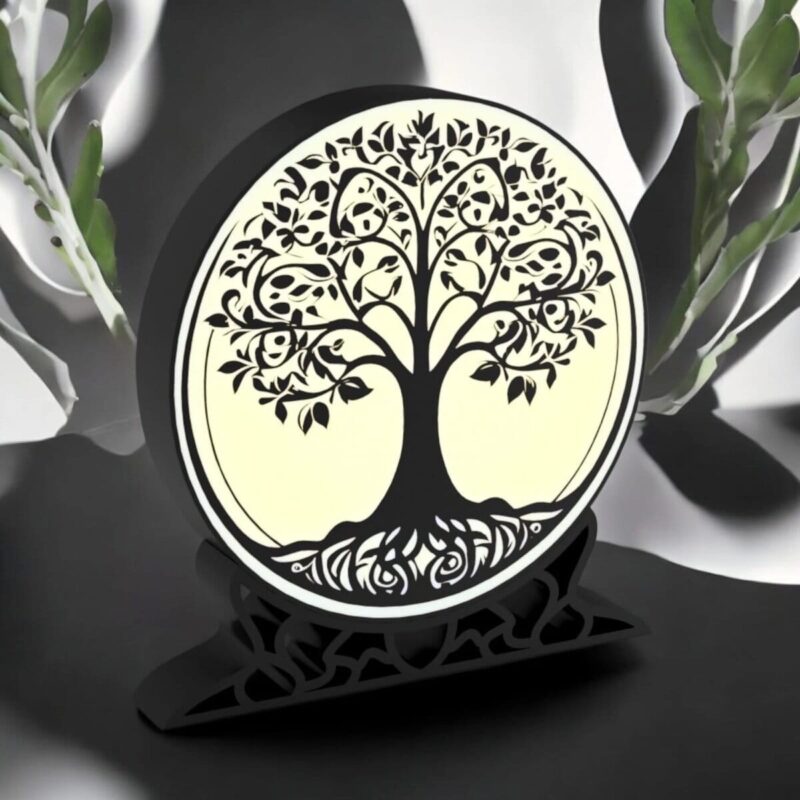 Arbres en 3D lumineux avec éclairage LED, design moderne et artistique, création unique en impression 3D pour décoration intérieure chaleureuse et design élégant.