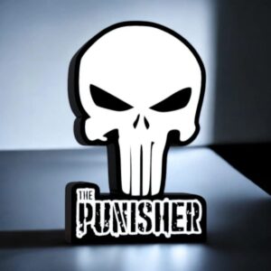 Design lumineux 3D de skull The Punisher avec éclairage LED pour décoration moderne et originale. Fabriqué par Infinity 3D Print, parfait pour personnaliser votre intérieur ou comme cadeau unique.