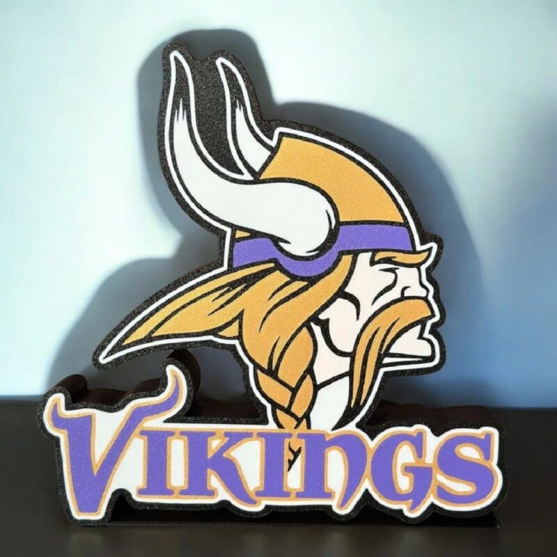 Vikings 3D LED lamp with cartoon Viking face and bold "VIKINGS" text, illuminated, decorative gaming or sports team light, perfect for fans and collectors.