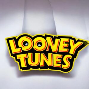 Lumière LED en forme de logo "Looney Tunes" avec couleurs vives et design en relief, idéale pour décoration lumineuse ou collection.
