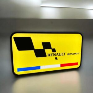 Renault Sport LED lumineux, signalétique de voiture de course, panneau d'éclairage personnalisé pour garage ou événement, conception 3D imprimée, équipée de LED pour une visibilité maximale.