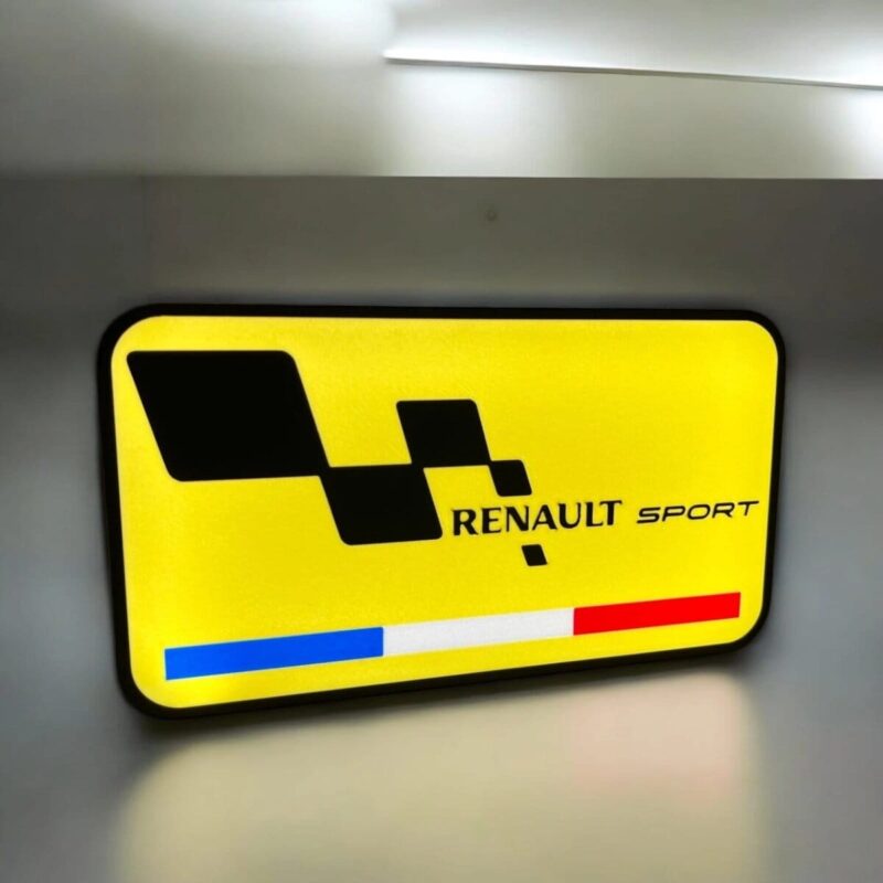 Renault Sport LED lumineux, signalétique de voiture de course, panneau d'éclairage personnalisé pour garage ou événement, conception 3D imprimée, équipée de LED pour une visibilité maximale.