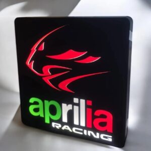 Lampe LED personnalisée 3D avec logo d'Aprilia Racing, éclairage lumineux rouge, vert et blanc, idéale pour décoration ou collection automobile.