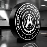 Logo 3D lumineux de la Fédération de la planète Starfleet Command, imprimé en 3D, avec un design détaillé et modernisé, parfait pour une décoration intérieure ou un espace dédié à la science-fiction.