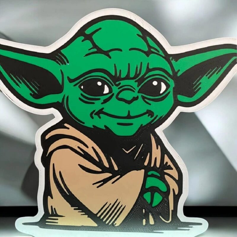 Yoda en 3D imprimé avec éclairage LED, représentation lumineuse et colorée d’un personnage emblématique Star Wars, création artistique unique en impression 3D par Infinity 3D Print.