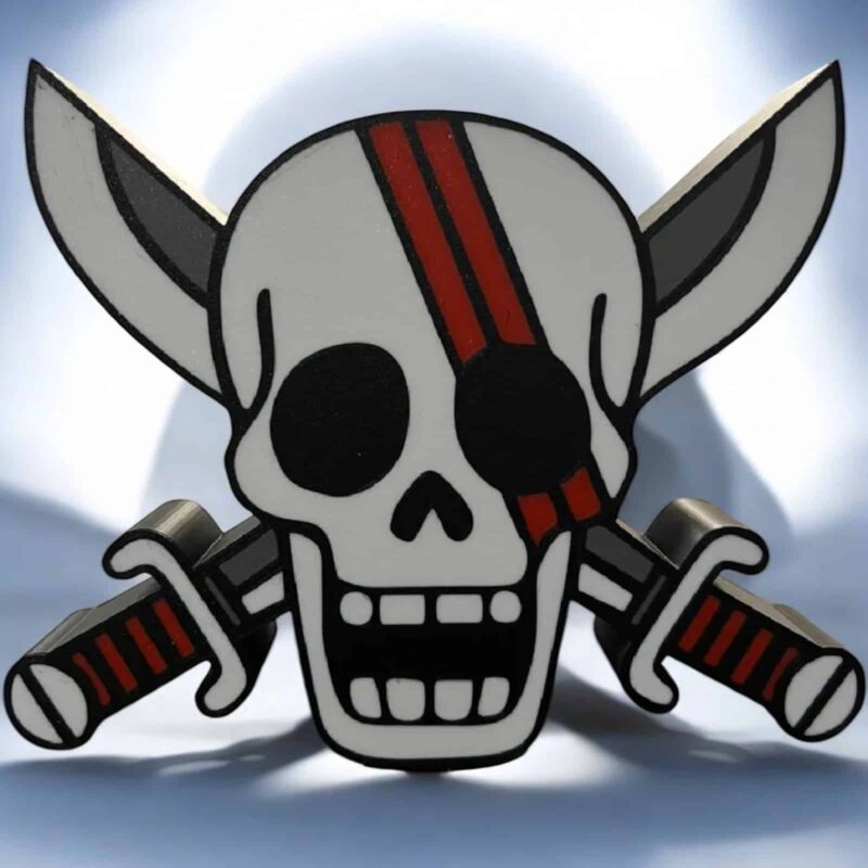 Skull avec oreilles de chien et deux épées croisées en 3D lumineuse, création innovante de lampes LED artisanales, parfaites pour décorer votre intérieur avec style et originalité.