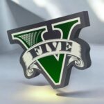 Logo de la marque GTA V en impression 3D lumineuse, création artistique LED, design personnalisé pour décor ou collection gaming.