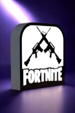 Lampe LED 3D Fortnite avec logo silhouetté de personnages et écriture, création lumineuse personnalisée imprimée en 3D, idéale pour décoration gaming, offre une ambiance moderne et innovante.