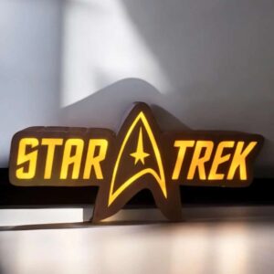 Star Trek éclairage LED 3D, lampe décorative lumineuse avec logo emblématique, création unique en impression 3D pour fans de science-fiction et collectionneurs.