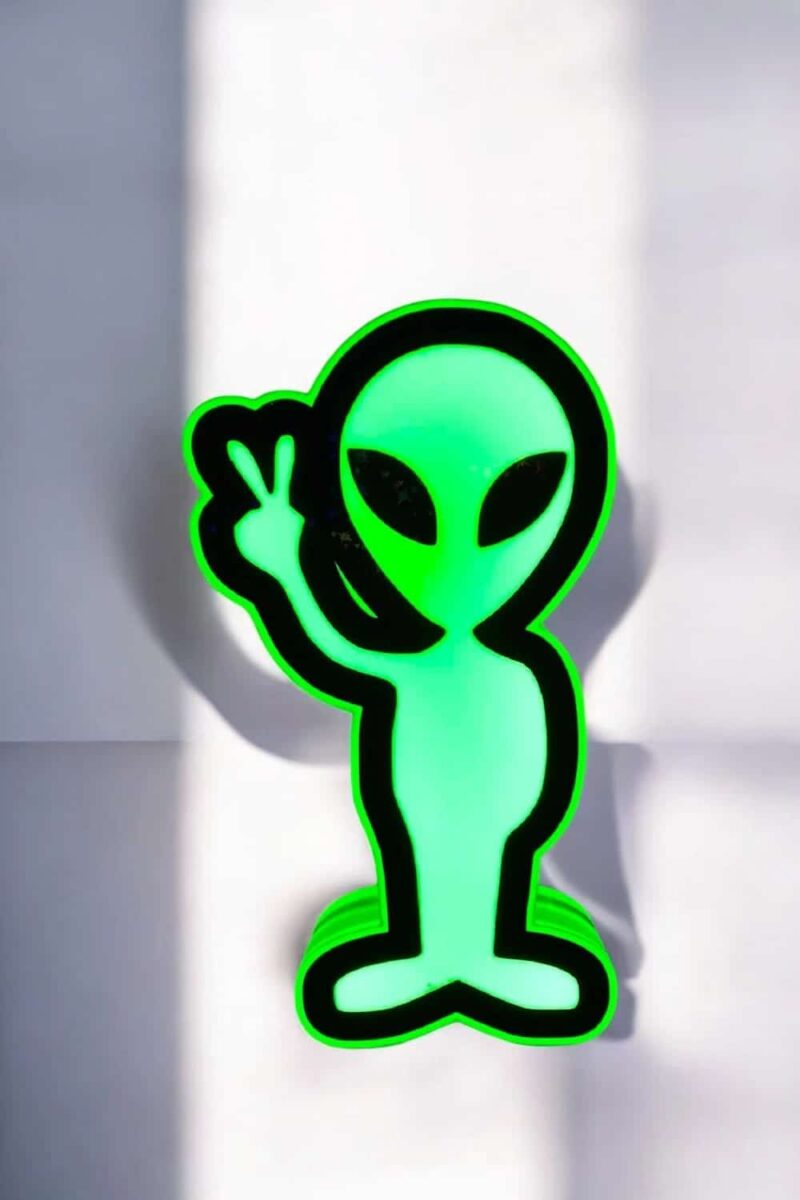 Alien lumineux en 3D avec silhouette à levrette, lampe LED fluorescente, objet de décoration lumineuse moderne, ambiance futuriste, création originale pour intérieur ou fête, design unique.