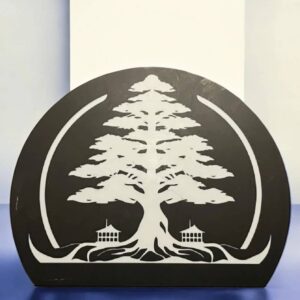 Hautement détaillée, décoration en forme d'arbre avec deux petites maisons en bas, conçue en impression 3D, idéale comme lampe LED lumineuse pour décoration intérieure ou extérieure.