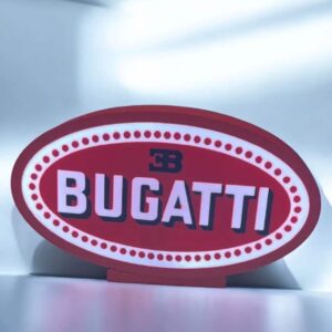 BUGATTI logo en LED lumineuse, création artistique en impression 3D, design original et personnalisable, idéale pour décoration intérieure ou événementiel, fabrication sur mesure par Infinity 3D Print.