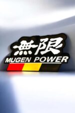 Mugen Power logo LED lumineux 3D imprimé en relief sur un véhicule, création personnalisée lumineuse avec design vibrant et détails précis, idéale pour décoration auto moderne et originale.
