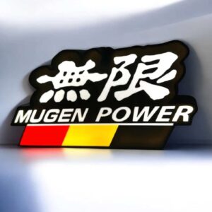 Mugen Power logo LED lumineux 3D imprimé en relief sur un véhicule, création personnalisée lumineuse avec design vibrant et détails précis, idéale pour décoration auto moderne et originale.