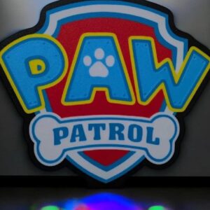 Paw Patrol logo lumineux en 3D avec LED, création personnalisée, illumination colorée pour décoration enfant, idée cadeau originale, fabrication sur mesure par Infinity 3D Print.