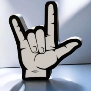 Lumière d'une lampe LED en forme de main faisant le signe des cornes avec contour noir et intérieur blanc, créant un objet lumineux original et design.