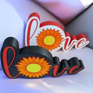 Larmes LED en forme de mot "Love" avec motif de tournesol 3D, création lumineuse personnalisée en impression 3D, décoration intérieure, cadeau original, artisanat lumineux et design moderne.