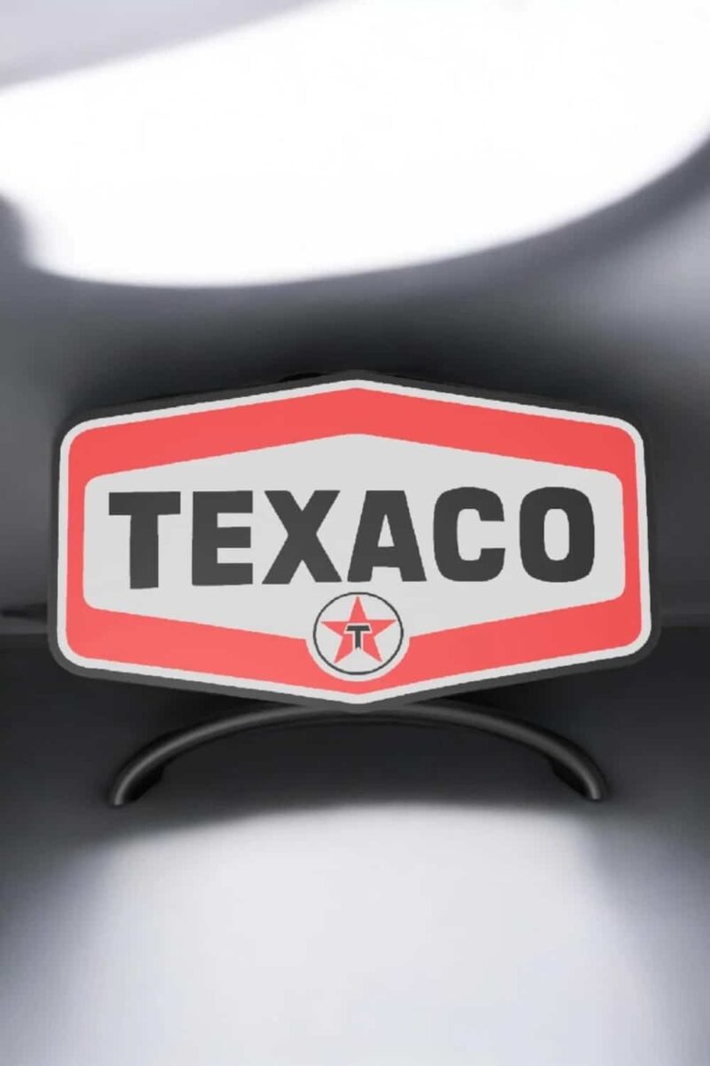 Texaco logo sticker luminescent en impression 3D sur une surface, création lumineuse LED unique, décoration automobile colorée, accessoire personnalisé pour voiture ou décoration intérieure.