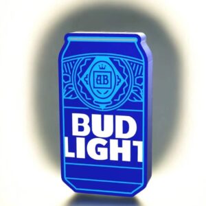 Bière Bud Light en édition lumineuse 3D avec design détaillé, éclairée en bleu, création originale en impression 3D, idéale pour la décoration ou comme objet lumineux innovant.