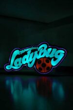 Lumière 3D LED Ladybug avec texte "Miraculous Ladybug" dans un environnement sombre, création lumineuse personnalisée, idéale pour décoration intérieure ou cadeaux originaux.