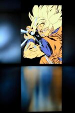 Saiyan Super Saiyan Goku illuminated LED lamp design, inspired by anime Dragon Ball Z, creating a striking luminous effect with vibrant colors and dynamic pose in a dark room.