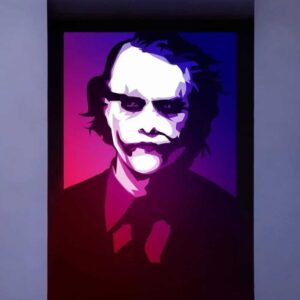 Portrait laserifié en 3D de Joker avec effets lumineux colorés LED.