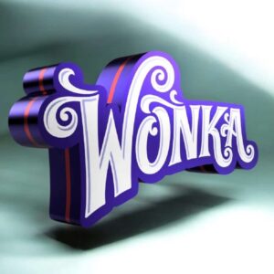 WONKA logo 3D luminieux en LED, création artistique unique, impression 3D colorée avec effets lumineux, décor original pour fans de Willy Wonka et univers fantastique.