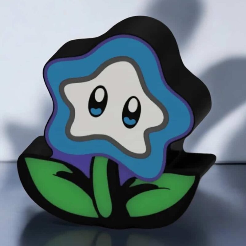 Mignonne ampoule LED en forme de violette avec visage de personnage de jeu vidéo.