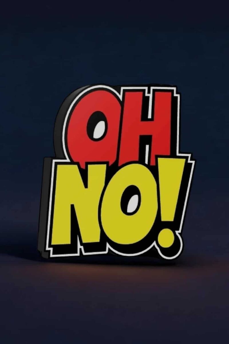 Vasque lumineux 3D avec texte "OH! NO!" en couleurs rouge, jaune et noir, conçue pour éclairage décoratif et artistique.