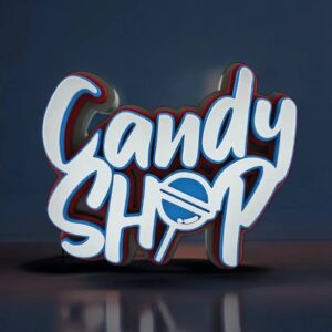 Cahier lumineux en 3D avec le texte "Candy Shop" illuminé, réalisé par Infinity 3D Print, parfait pour une décoration moderne et originale.