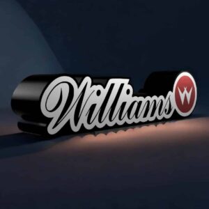 Stylish illuminated 3D printed sign with the name "Williams" and a red logo, perfect for personalized LED lighting decor.