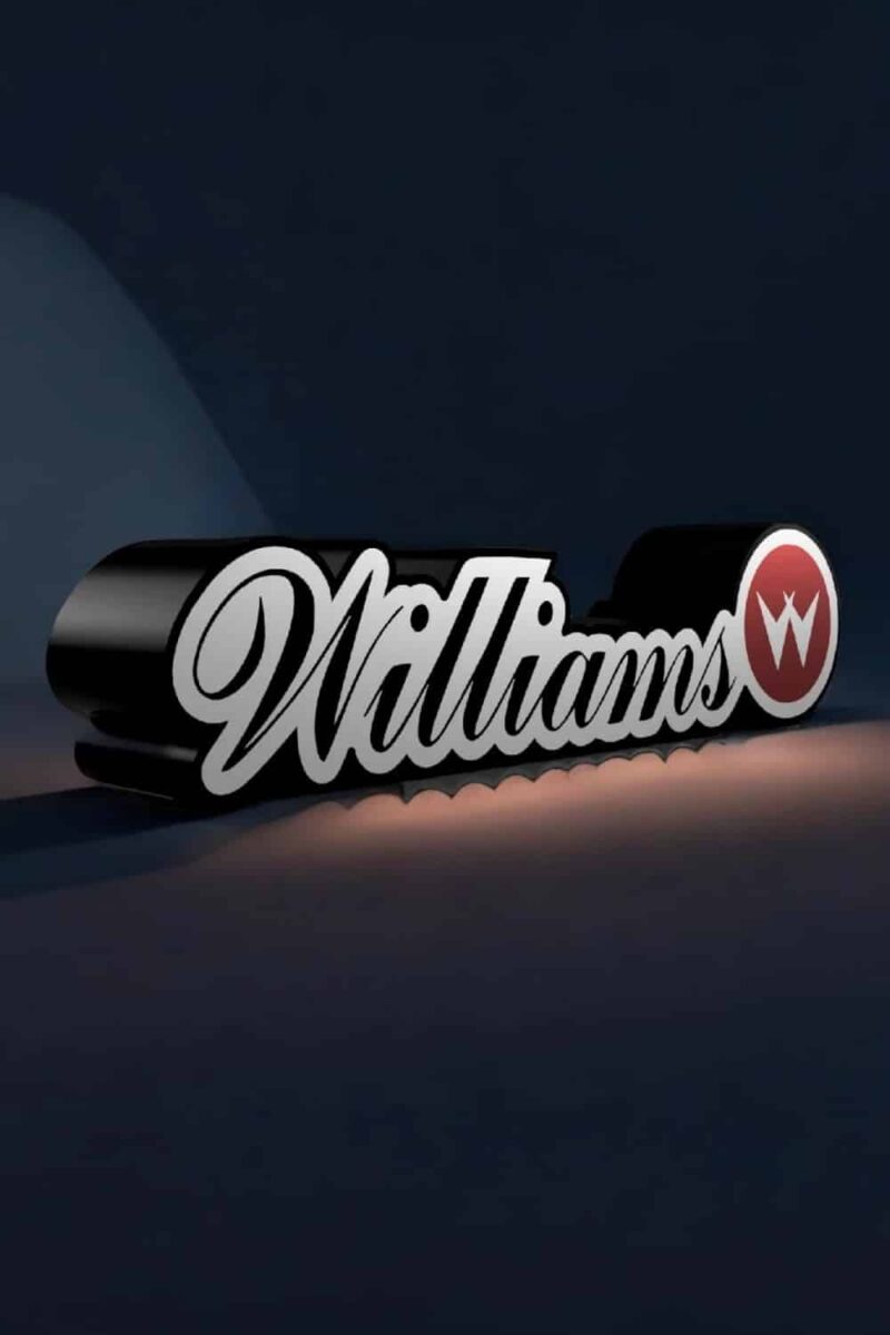 Stylish illuminated 3D printed sign with the name "Williams" and a red logo, perfect for personalized LED lighting decor.