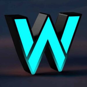 LED letter W illuminée avec lumière bleue, conception 3D moderne.