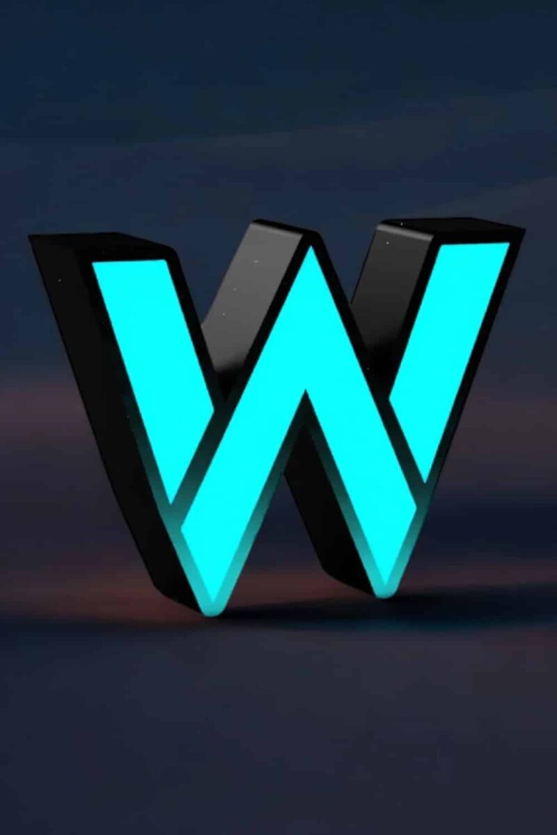 LED letter W illuminée avec lumière bleue, conception 3D moderne.