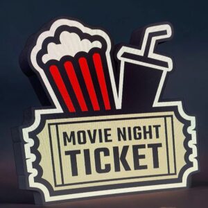 Lampe LED en forme de badge cinéma avec pop-corn et boisson, idée de décoration originale pour cinéma maison ou soirée film, éclairage lumineux et design moderne, création lumineuse 3D by Infinity 3D Print.