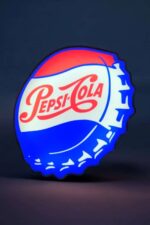 Pepsi logo lumiere 3D, lampe LED en forme de bouchon de soda Pepsi, création lumineuse originale, éclairage décoratif moderne pour intérieur et extérieur, design affûté et coloré, art en impression 3D.
