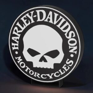 Panneau LED lumineux Harley Davidson avec logo skull noir et blanc, création artistique 3D, éclairage LED pour décoration murale, idéal pour passionnés de motos et de design original.