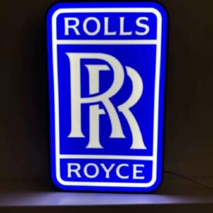 Rolls Royce logo lumineux en LED, création décorative 3D illuminée, idéale pour décoration intérieure ou extérieure, disponible chez Infinity 3D Print.