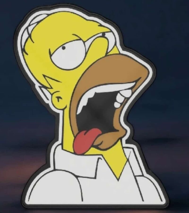 Sticker de Bart Simpson en style cartoon avec une expression de chaos ou de folie, fond sombre.