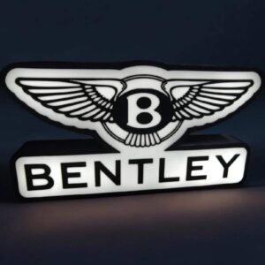 Bentley logo néon lumineux, éclairage LED blanc avec branding détaillé, design élégant et moderne, idéal pour décoration intérieure ou en tant qu'élément de signalisation personnalisé.