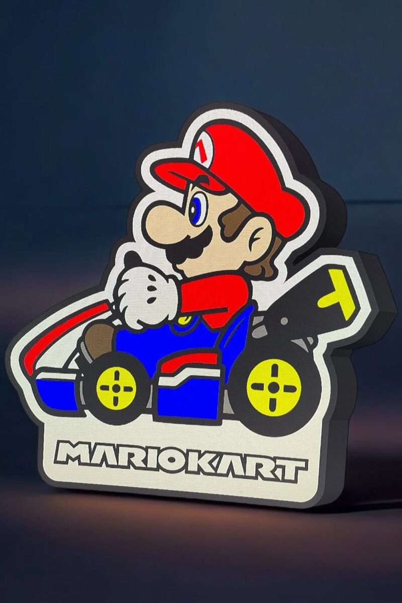 Super Mario Kart en LED, création lumineuse 3D, décor moderne et coloré pour chambre ou gaming, fabriqué avec une impression 3D précise et personnalisée. Parfait pour les fans de jeux vidéo et de décoration originale.
