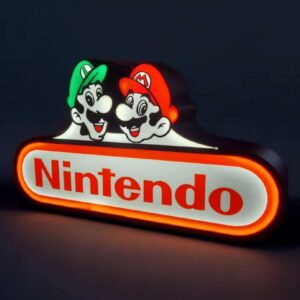 Mario et Luigi en néon lumineux avec logo Nintendo, décoration LED rétro éclairée, idéale pour gamers et fans de jeux vidéo, création lumineuse unique en 3D.