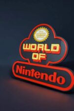 Logo lumineux 3D de World of Nintendo, creation LED avec design en relief, conçue par Infinity 3D Print, idéale pour décoration gaming ou fans de Nintendo, illumination colorée et design personnalisé.