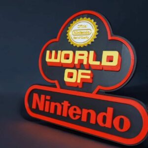 Logo lumineux 3D de World of Nintendo, creation LED avec design en relief, conçue par Infinity 3D Print, idéale pour décoration gaming ou fans de Nintendo, illumination colorée et design personnalisé.