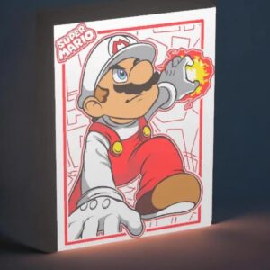 Super Mario 3D lampe LED lumineuse décorative, design graphique avec Mario qui sèche un feu de dragon, lumière colorée pour chambre et ambiance gaming.