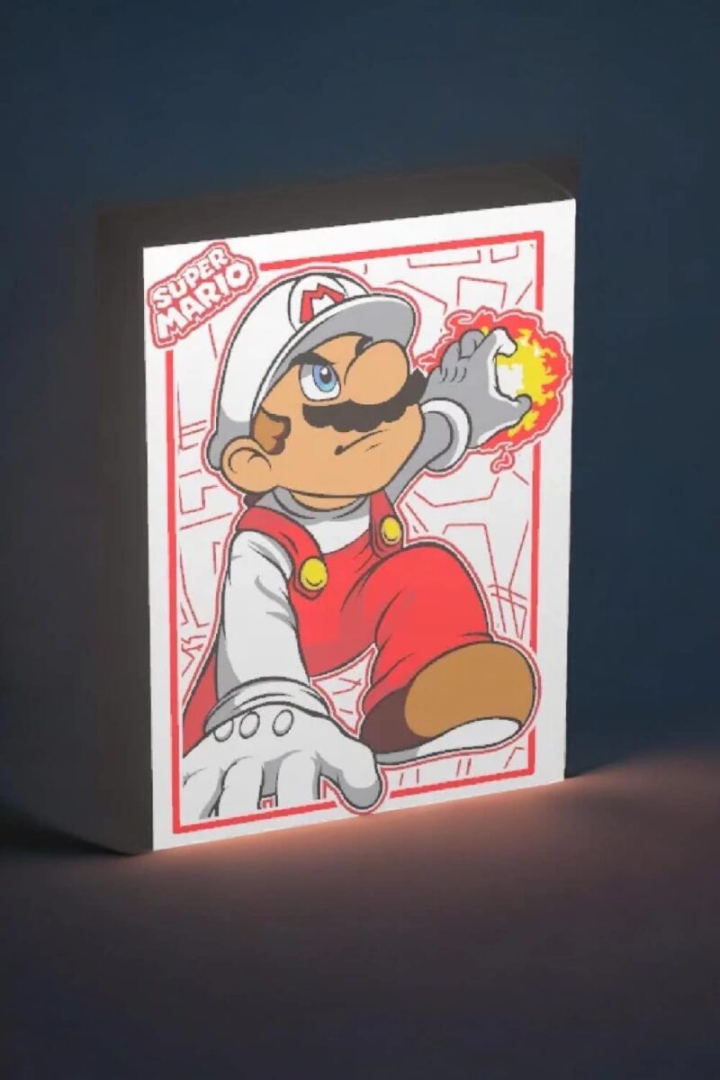 Super Mario 3D lampe LED lumineuse décorative, design graphique avec Mario qui sèche un feu de dragon, lumière colorée pour chambre et ambiance gaming.